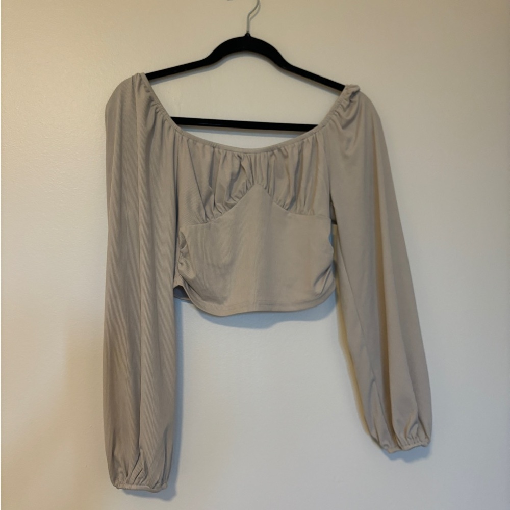 Shein Khaki Long Sleeved Cropped Blouse
